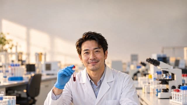 Biomédico sorrindo, com jaleco branco e luvas azuis, segurando um tubo de ensaio, em um laboratório de análises clínicas com microscópios e bancadas