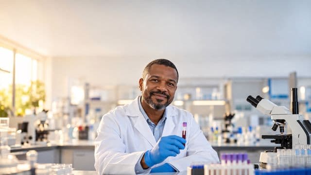 Biomédico sorrindo, com jaleco branco e luvas azuis, segurando um tubo de ensaio, em um laboratório de análises clínicas com microscópios e bancadas