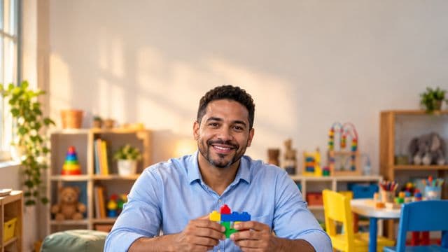 Psicopedagogo sorrindo, com camisa azul-clara, segurando blocos de montar coloridos, em uma sala de atendimento infantil colorida e organizada, com brinquedos pedagógicos