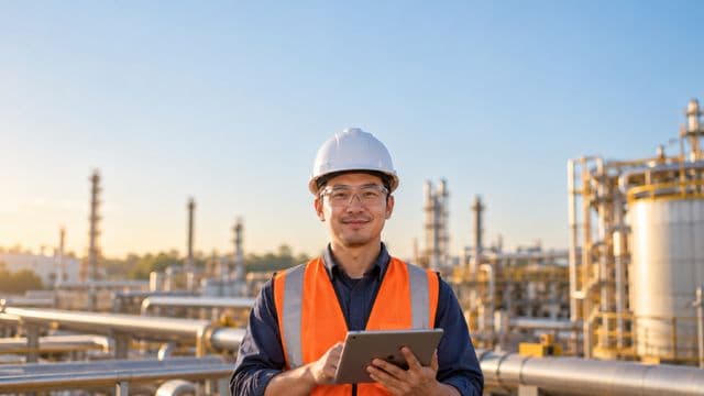 Engenheiro industrial sorrindo, com capacete branco, óculos de proteção e colete laranja, segurando um tablet, em uma planta industrial com tubulações