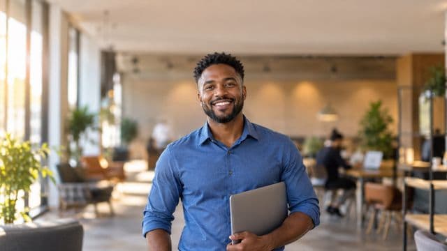 Empreendedor sorrindo, com camisa social azul com as mangas dobradas, segurando um notebook, em um espaço de coworking moderno e iluminado