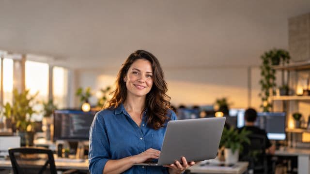 Desenvolvedora de software sorrindo, com camisa casual azul, segurando um notebook aberto, em um escritório de tecnologia moderno com monitores desfocados