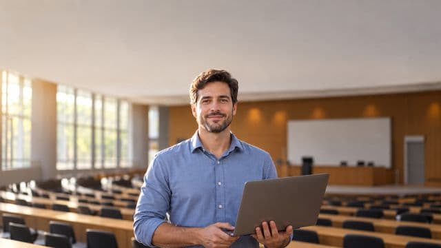 Professor universitário sorrindo, com camisa social azul, segurando um notebook, em um auditório universitário moderno