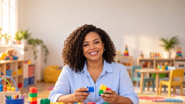 Psicopedagoga sorrindo, com camisa azul-clara, segurando blocos de montar coloridos, em uma sala de atendimento infantil colorida e organizada, com brinquedos pedagógicos