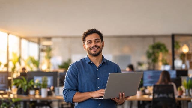 Desenvolvedor de software sorrindo, com camisa casual azul, segurando um notebook aberto, em um escritório de tecnologia moderno com monitores desfocados