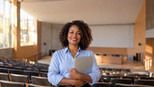 Professora universitária sorrindo, com camisa social azul, segurando um notebook, em um auditório universitário moderno