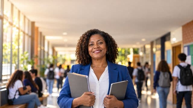 Gestora escolar sorrindo, com blazer azul sobre camisa branca, segurando uma pasta e um tablet, em o corredor de uma escola moderna com alunos desfocados