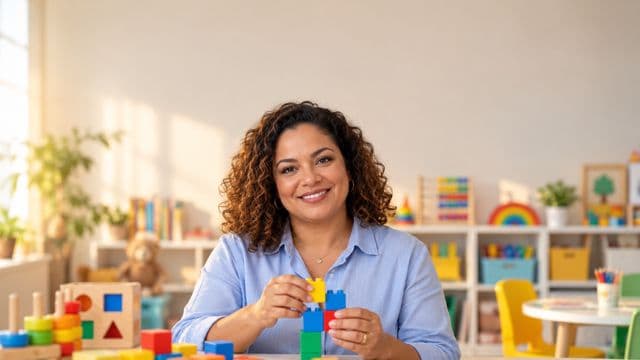 Psicopedagoga sorrindo, com camisa azul-clara, segurando blocos de montar coloridos, em uma sala de atendimento infantil colorida e organizada, com brinquedos pedagógicos