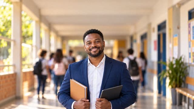 Gestor escolar sorrindo, com blazer azul sobre camisa branca, segurando uma pasta e um tablet, em o corredor de uma escola moderna com alunos desfocados