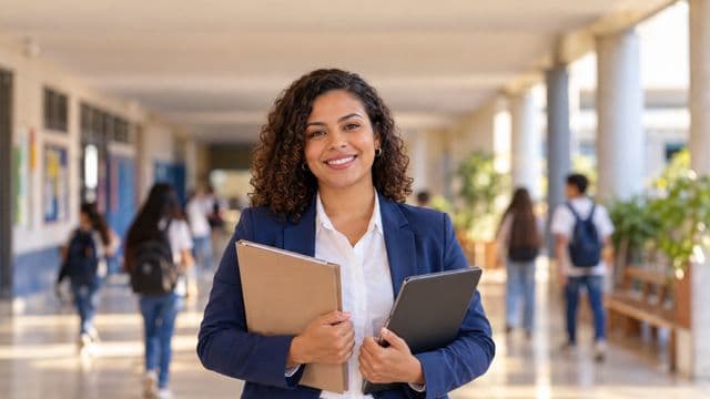 Gestora escolar sorrindo, com blazer azul sobre camisa branca, segurando uma pasta e um tablet, em o corredor de uma escola moderna com alunos desfocados