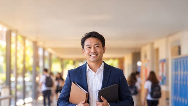 Gestor escolar sorrindo, com blazer azul sobre camisa branca, segurando uma pasta e um tablet, em o corredor de uma escola moderna com alunos desfocados