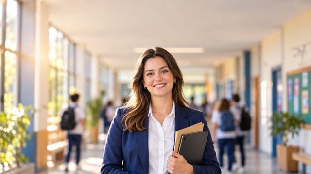 Gestora escolar sorrindo, com blazer azul sobre camisa branca, segurando uma pasta e um tablet, em o corredor de uma escola moderna com alunos desfocados