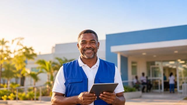 Agente de saúde pública sorrindo, com colete azul de equipe de saúde sobre camisa branca, segurando um tablet, em uma unidade básica de saúde moderna