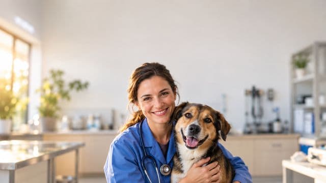 Médica veterinária sorrindo, com jaleco azul e estetoscópio, segurando com carinho um cachorro de porte médio, em uma clínica veterinária moderna e clara