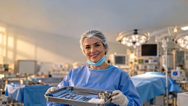 Instrumentadora cirúrgica sorrindo, com roupa cirúrgica azul, touca e máscara abaixada no queixo, segurando uma bandeja de instrumentos, em um centro cirúrgico moderno com focos de luz