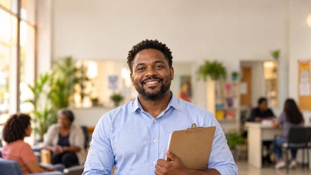 Assistente social sorrindo, com camisa azul-clara, segurando uma prancheta, em um centro de assistência social claro e acolhedor