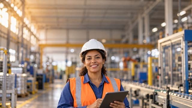 Técnica industrial sorrindo, com capacete branco e colete laranja sobre camisa azul, segurando um tablet, em uma fábrica moderna com linha de produção