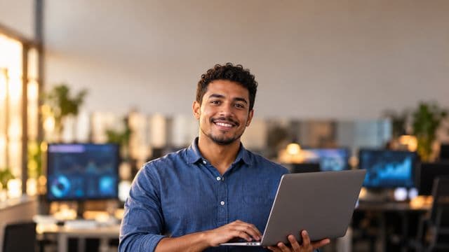 Cientista de dados sorrindo, com camisa casual azul, segurando um notebook aberto, em um escritório de tecnologia moderno com telas de gráficos desfocadas