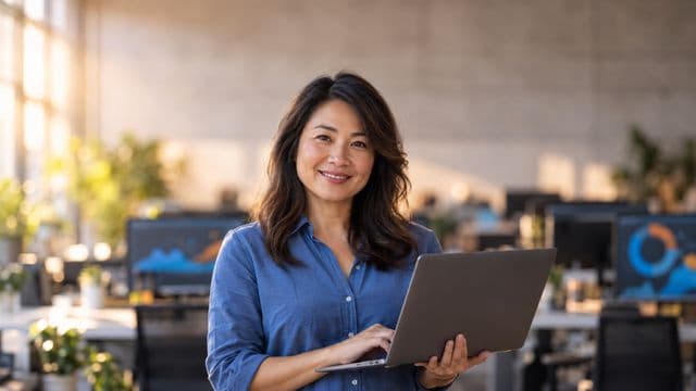Cientista de dados sorrindo, com camisa casual azul, segurando um notebook aberto, em um escritório de tecnologia moderno com telas de gráficos desfocadas