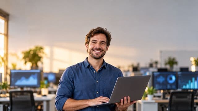 Cientista de dados sorrindo, com camisa casual azul, segurando um notebook aberto, em um escritório de tecnologia moderno com telas de gráficos desfocadas