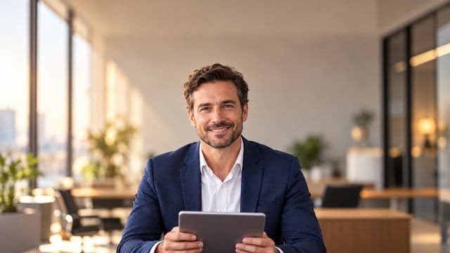 Profissional sorrindo, com blazer azul sobre camisa branca, segurando um tablet, em um escritório moderno e bem iluminado