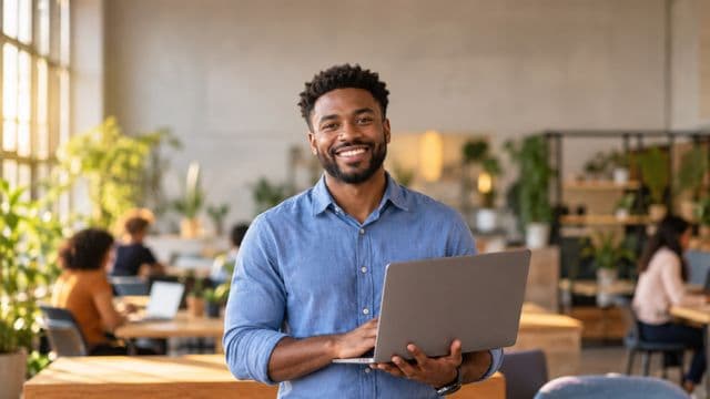 Empreendedor sorrindo, com camisa social azul com as mangas dobradas, segurando um notebook, em um espaço de coworking moderno e iluminado