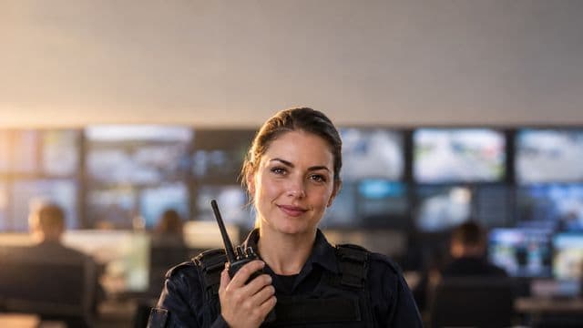 Profissional de segurança pública sorrindo, com farda azul-escura sem brasões, segurando um rádio comunicador, em uma central de monitoramento com telas
