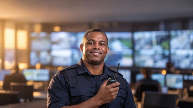 Profissional de segurança pública sorrindo, com farda azul-escura sem brasões, segurando um rádio comunicador, em uma central de monitoramento com telas