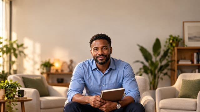 Psicólogo sorrindo, com camisa social azul, sem gravata, segurando um caderno de anotações, em um consultório de psicologia aconchegante com poltronas e plantas