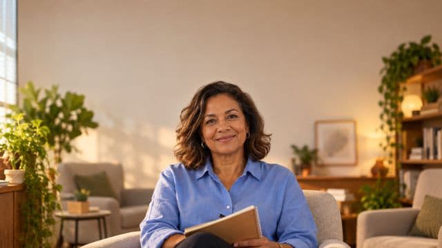 Psicóloga sorrindo, com camisa social azul, sem gravata, segurando um caderno de anotações, em um consultório de psicologia aconchegante com poltronas e plantas
