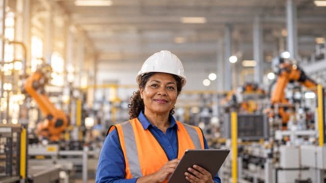 Engenheira de automação sorrindo, com capacete branco e colete laranja sobre camisa azul, segurando um tablet, em uma fábrica moderna com braços robóticos