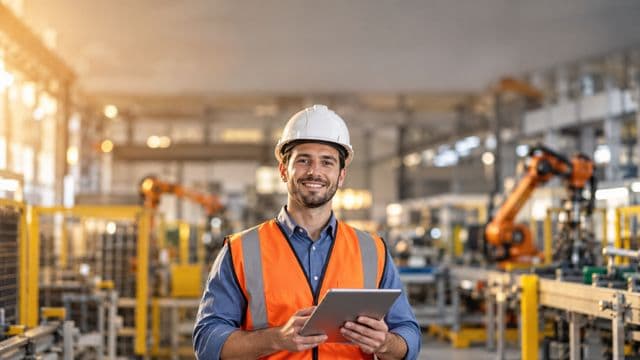 Engenheiro de automação sorrindo, com capacete branco e colete laranja sobre camisa azul, segurando um tablet, em uma fábrica moderna com braços robóticos