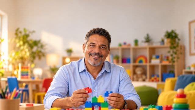 Psicopedagogo sorrindo, com camisa azul-clara, segurando blocos de montar coloridos, em uma sala de atendimento infantil colorida e organizada, com brinquedos pedagógicos