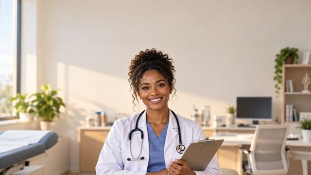 Médica sorrindo, com jaleco branco e estetoscópio, segurando uma prancheta, em um consultório médico moderno e bem iluminado