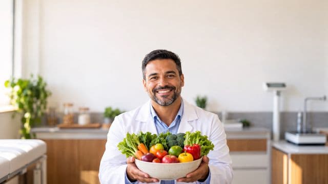 Nutricionista sorrindo, com jaleco branco sobre camisa azul-clara, segurando uma tigela de frutas e legumes frescos, em um consultório de nutrição claro com bancada e balança