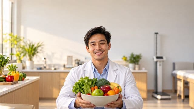Nutricionista sorrindo, com jaleco branco sobre camisa azul-clara, segurando uma tigela de frutas e legumes frescos, em um consultório de nutrição claro com bancada e balança