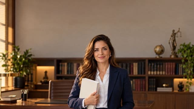 Advogada sorrindo, com terno azul-marinho e camisa branca, segurando um livro de capa lisa, em um escritório de advocacia elegante com estantes de livros