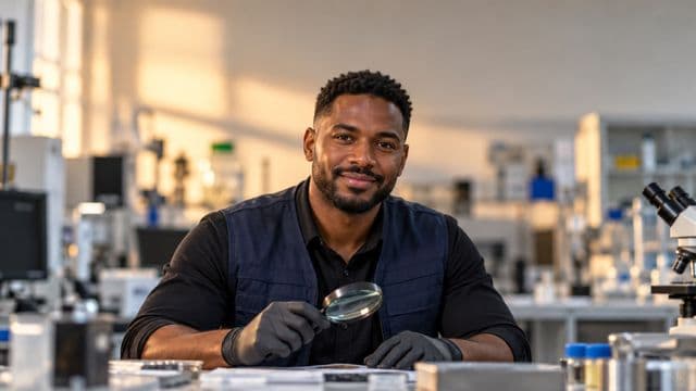 Perito criminal sorrindo, com colete azul-escuro de perícia sobre camisa preta e luvas, segurando uma lupa, em um laboratório de perícia forense
