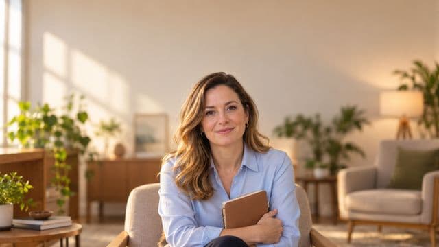 Psicóloga sorrindo, com camisa social azul, sem gravata, segurando um caderno de anotações, em um consultório de psicologia aconchegante com poltronas e plantas