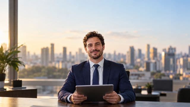 Analista financeiro sorrindo, com terno azul-marinho, segurando um tablet, em um escritório corporativo com vista para a cidade