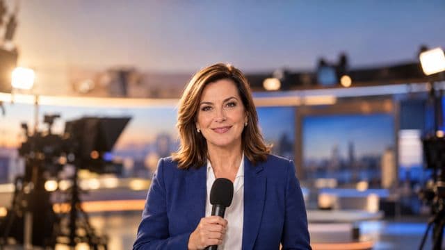 Jornalista sorrindo, com blazer azul sobre camisa branca, segurando um microfone sem logotipo, em um estúdio de televisão com luzes e câmeras desfocadas