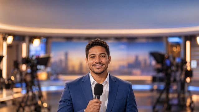 Jornalista sorrindo, com blazer azul sobre camisa branca, segurando um microfone sem logotipo, em um estúdio de televisão com luzes e câmeras desfocadas