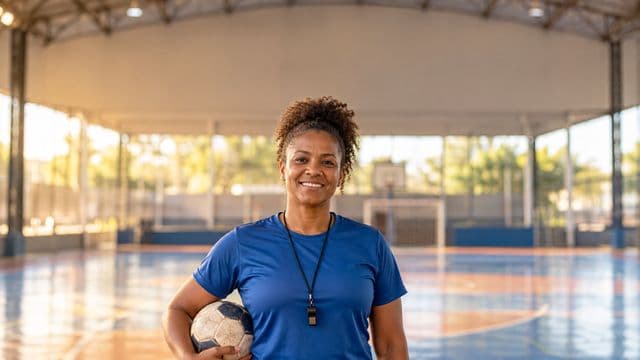 Profissional de educação física sorrindo, com camiseta esportiva azul e apito no pescoço, segurando uma bola, em uma quadra poliesportiva coberta e bem iluminada