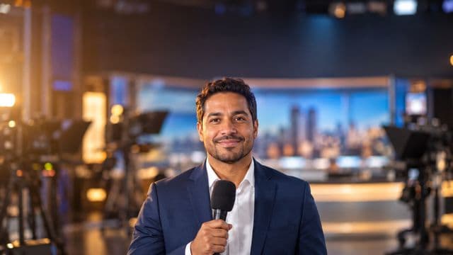 Jornalista sorrindo, com blazer azul sobre camisa branca, segurando um microfone sem logotipo, em um estúdio de televisão com luzes e câmeras desfocadas