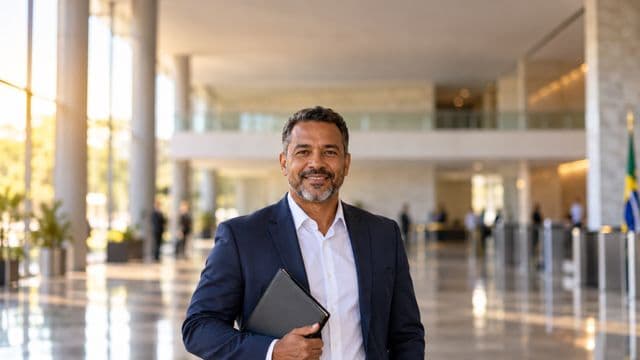Servidor público sorrindo, com blazer azul-marinho sobre camisa branca, segurando uma pasta, em o saguão amplo de um prédio público moderno