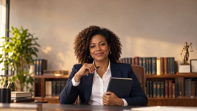 Advogada sorrindo, com terno azul-marinho e camisa branca, segurando um livro de capa lisa e uma caneta, em um escritório de advocacia elegante com estantes de livros