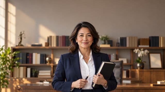 Advogada sorrindo, com terno azul-marinho e camisa branca, segurando um livro de capa lisa e uma caneta, em um escritório de advocacia elegante com estantes de livros