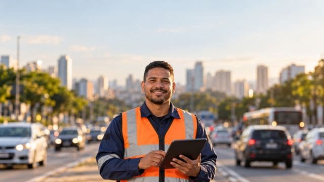 Agente de trânsito sorrindo, com colete refletivo laranja sobre uniforme azul, segurando um tablet, em uma avenida urbana movimentada
