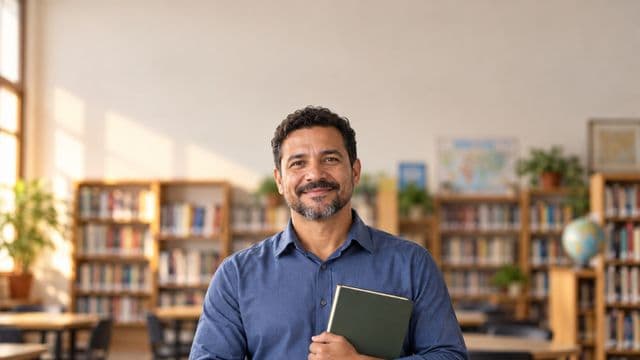 Professor de língua portuguesa sorrindo, com camisa social azul, segurando um livro de capa lisa, em uma biblioteca escolar com estantes