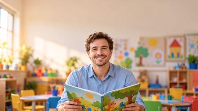 Professor de educação infantil sorrindo, com camisa casual azul-clara, segurando um livro infantil colorido sem título, em uma sala de aula infantil alegre, com mesinhas e desenhos nas paredes